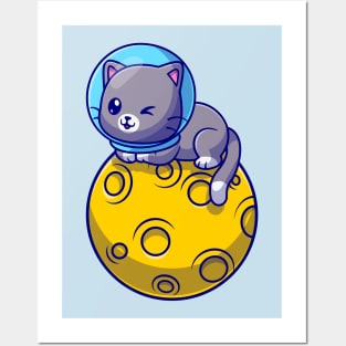 Cute Astronaut Cat Sitting On Moon Cartoon Posters and Art